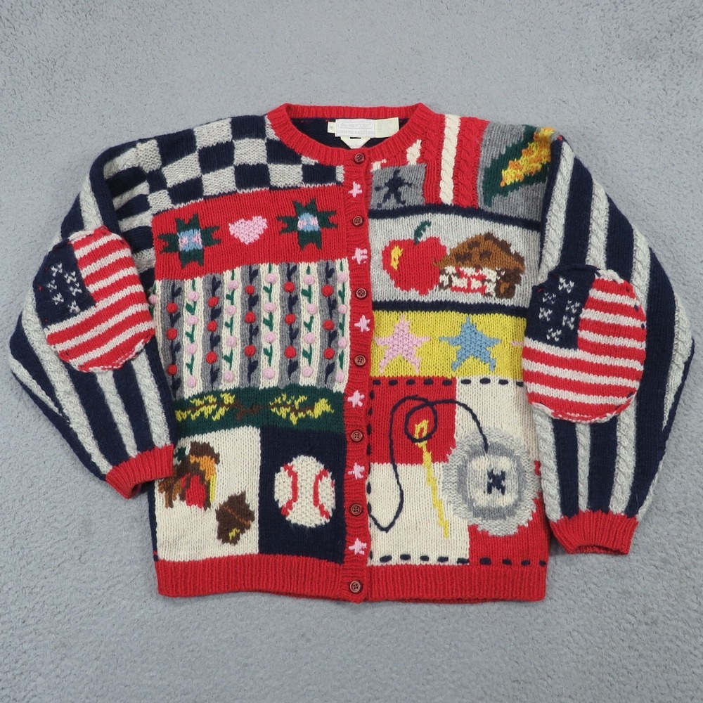 VTG Eagles Eye Sweater Womens Medium Wool Handknit Americana Cardigan 90s